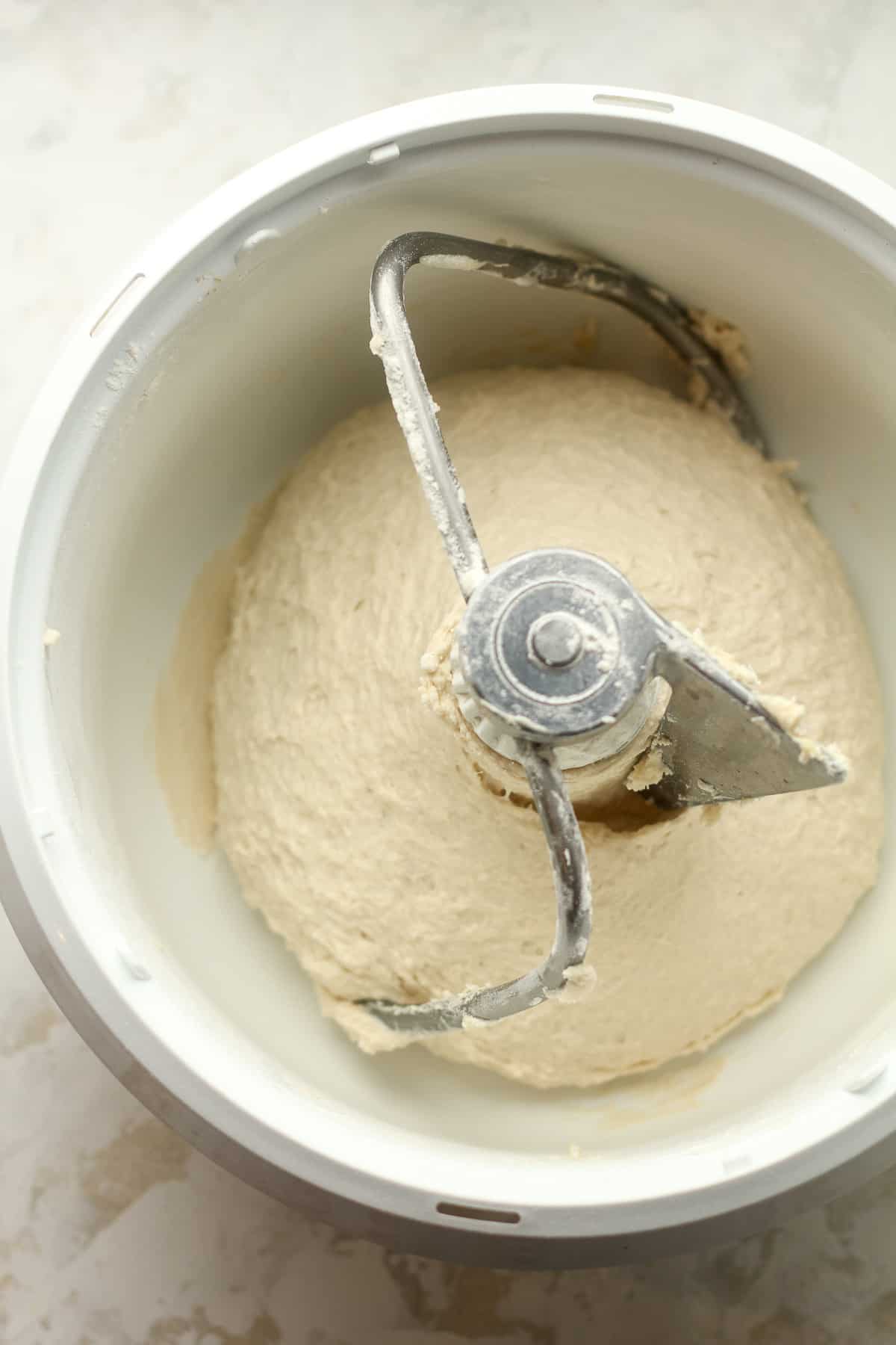 The mixer with the sourdough pizza dough.