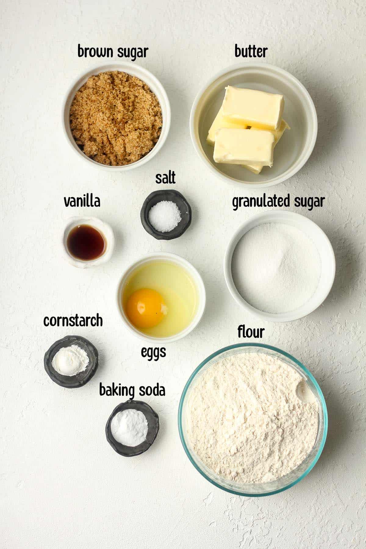 The labeled ingredients for the sugar cookie bars.