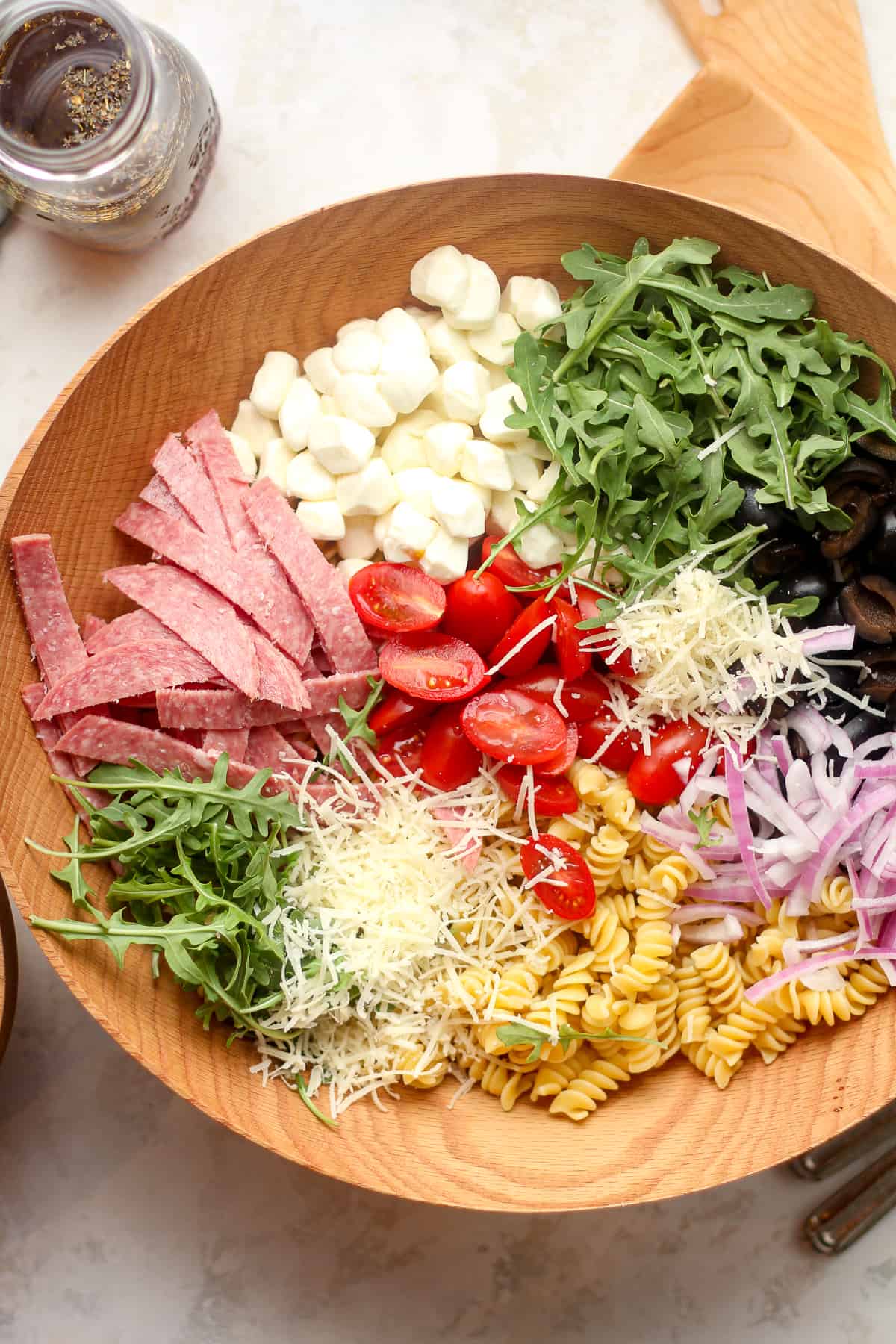 A bowl of the pasta salad ingredients.