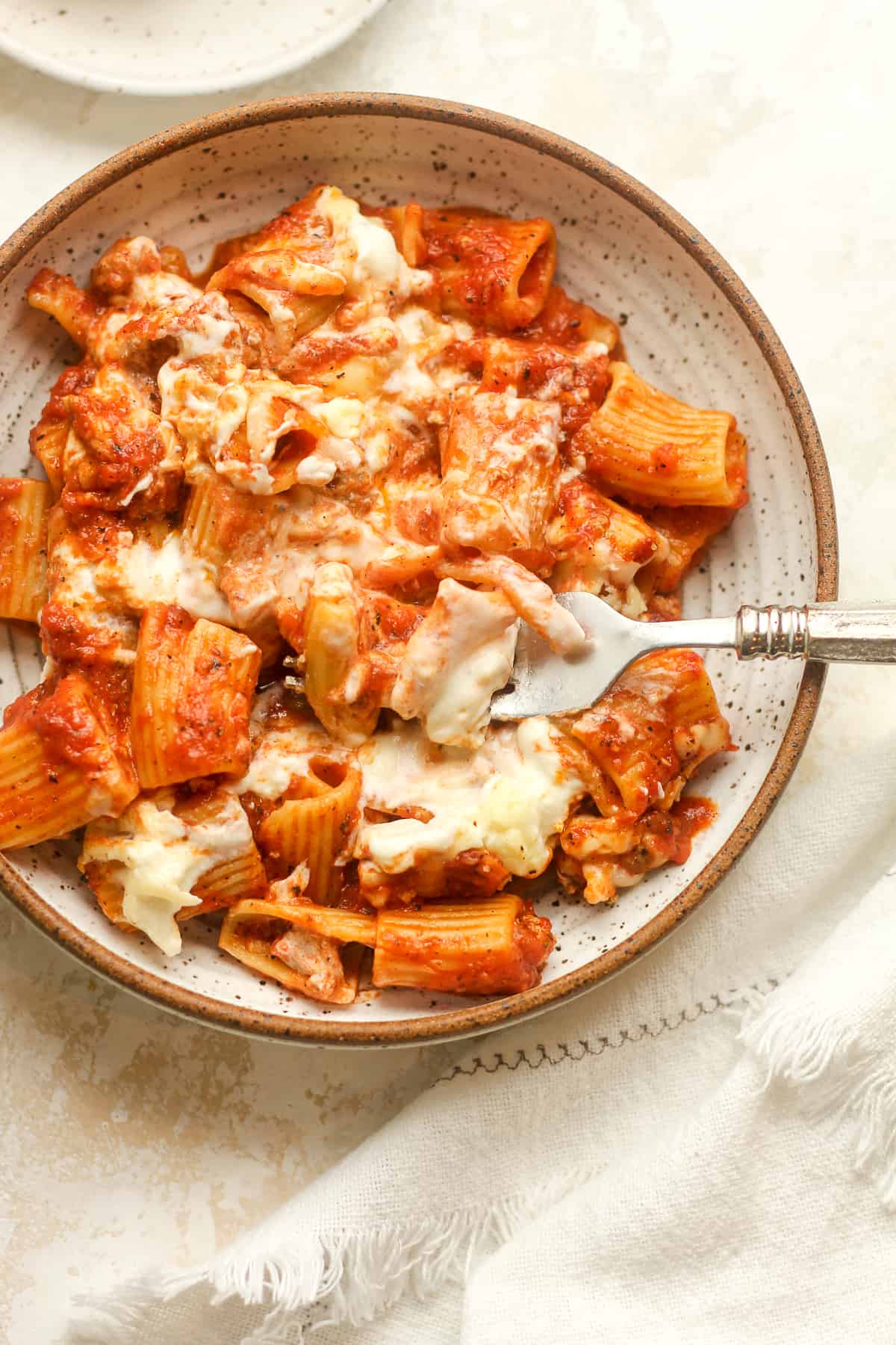 Closeup on a bowl of rigatoni pasta with red sauce.
