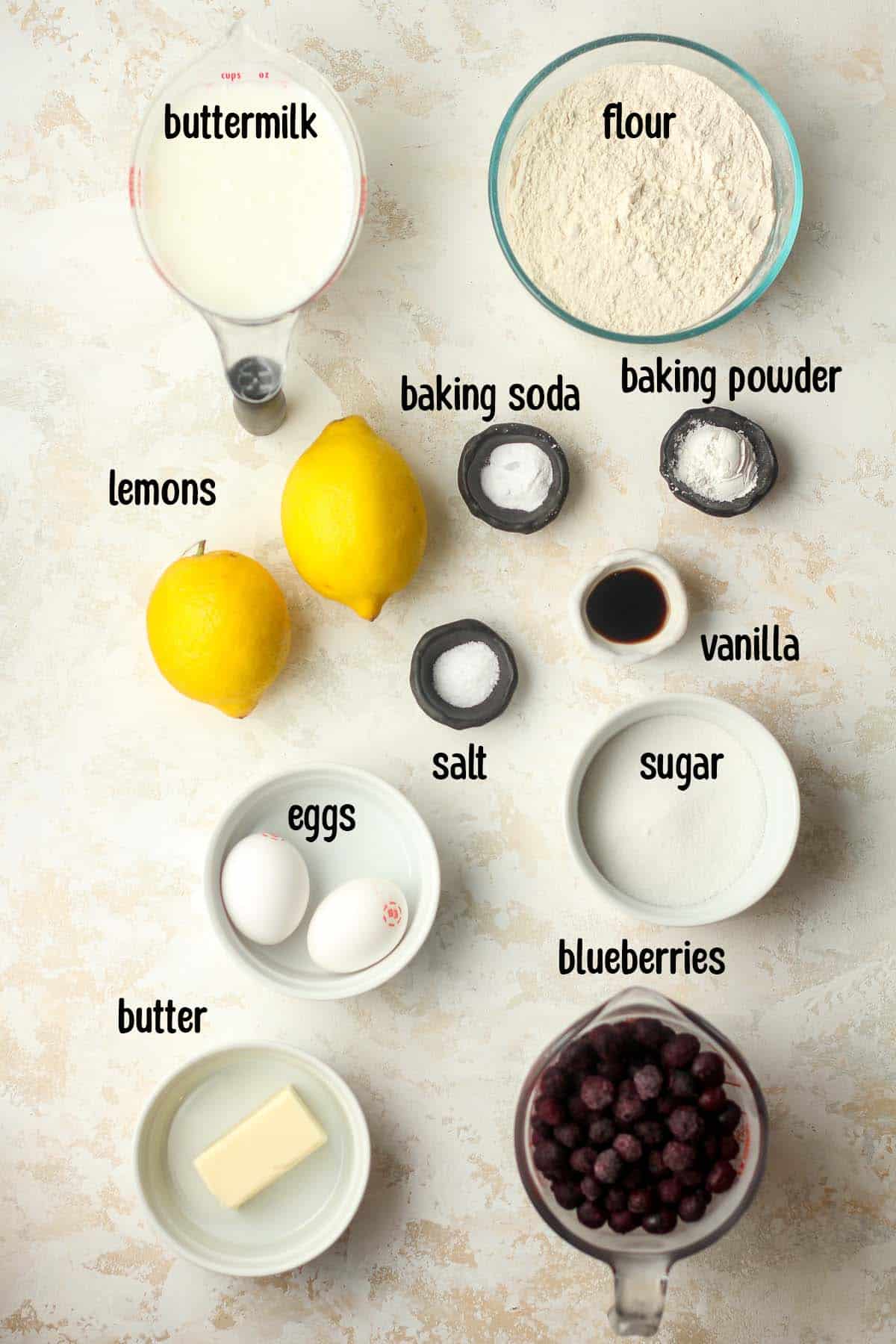 The labeled ingredients for the blueberry lemon pancakes.