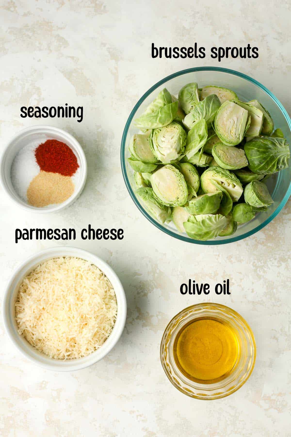 The labeled ingredients for the crispy brussels sprouts.