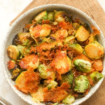 A bowl of crispy parmesan brussels sprouts.