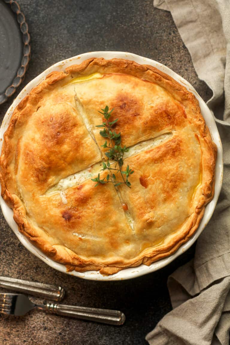 Overhead view of a chicken pot pie.