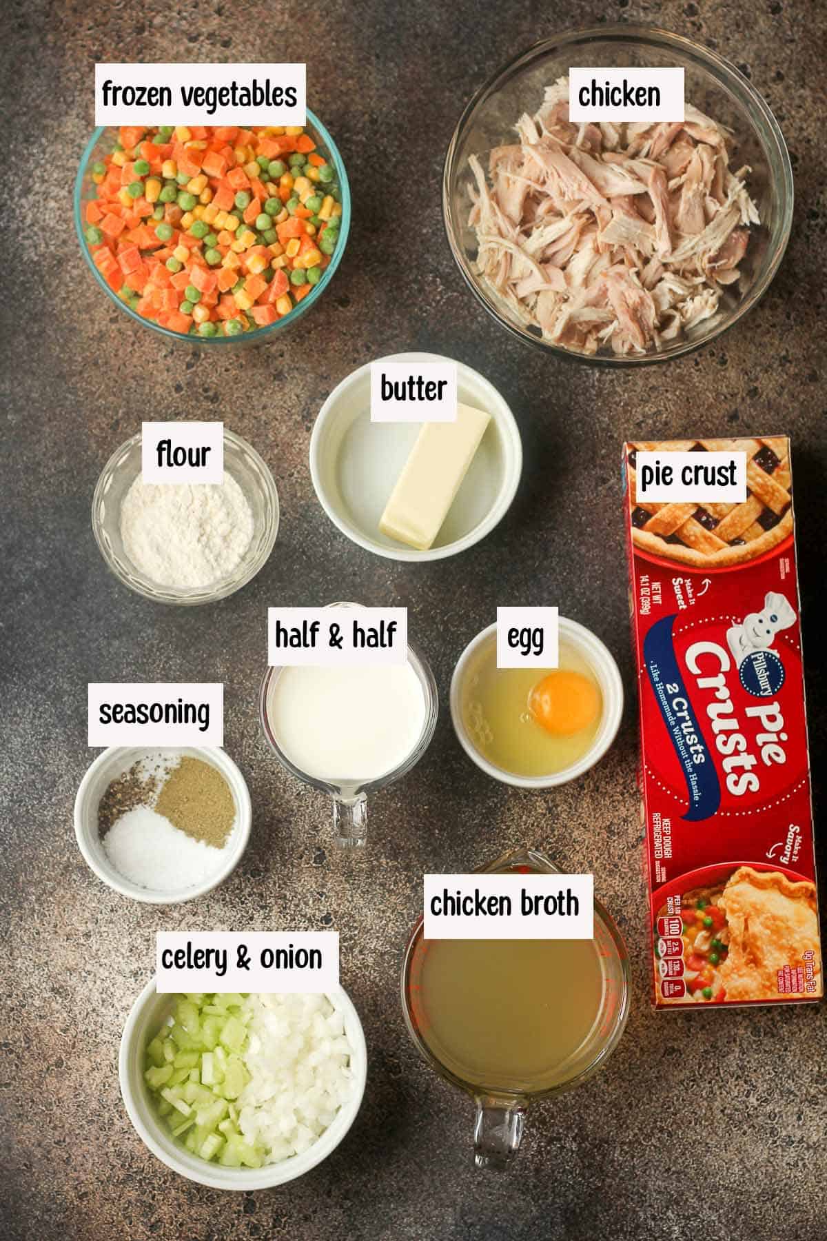 The ingredients for the chicken pot pie with semi-homemade crust.