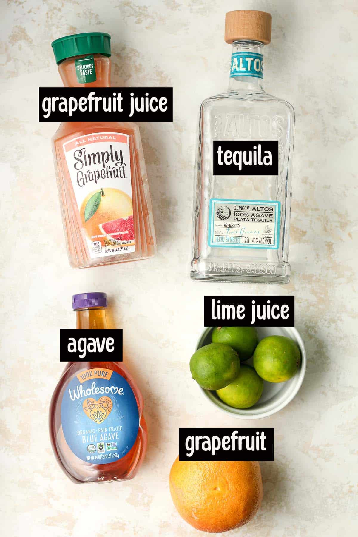 The ingredients for grapefruit palomas.
