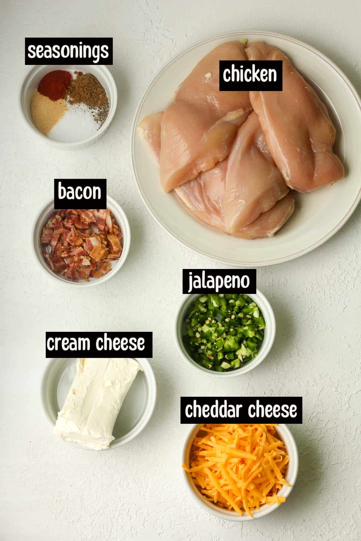 The labeled ingredients for the stuffed chicken.