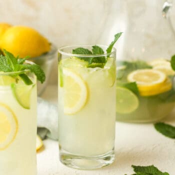 Side view of two lemon mojitos with mint sprigs.
