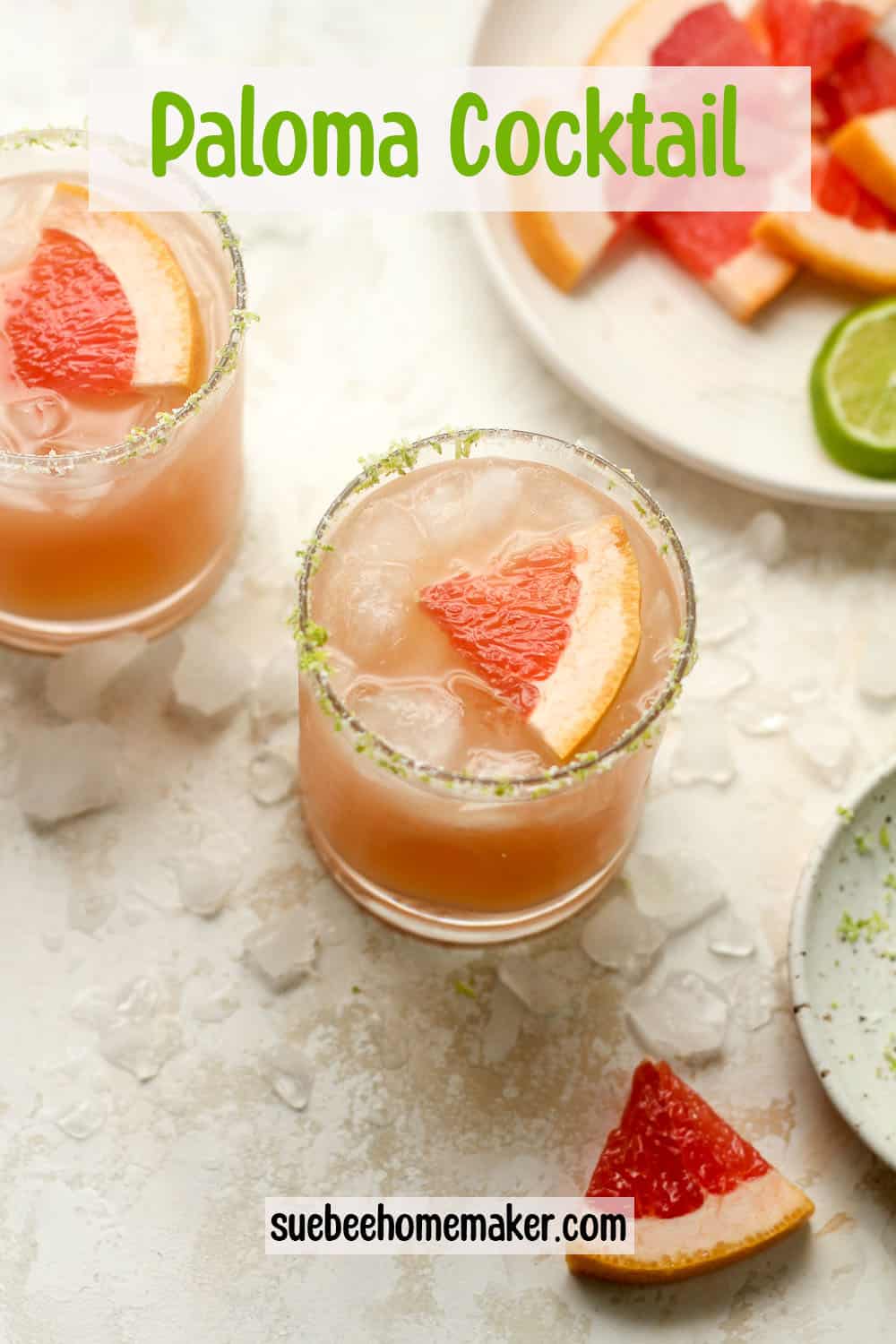 Two glasses of grapefruit paloma with grapefruit wedges.