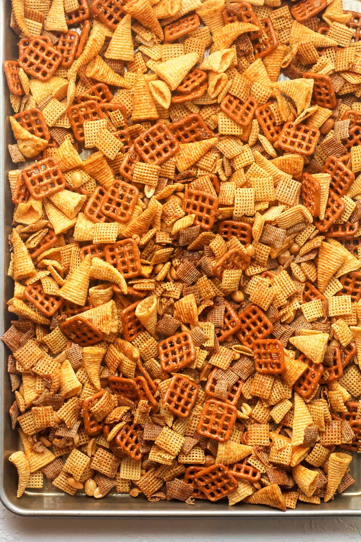 A pan of the spicy chex mix.