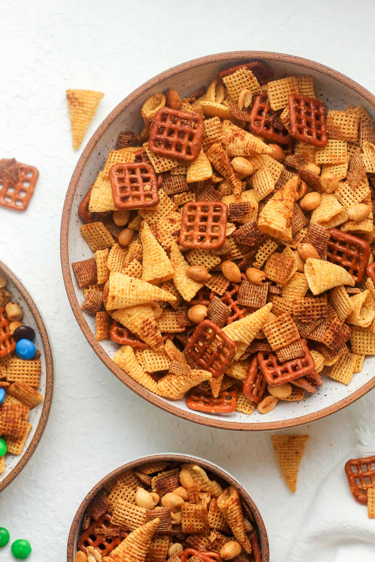 A bowl of the chex mix without m&ms.
