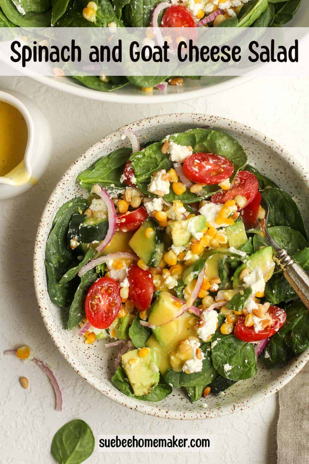 A serving of spinach and goat cheese salad with a small bowl of dressing.