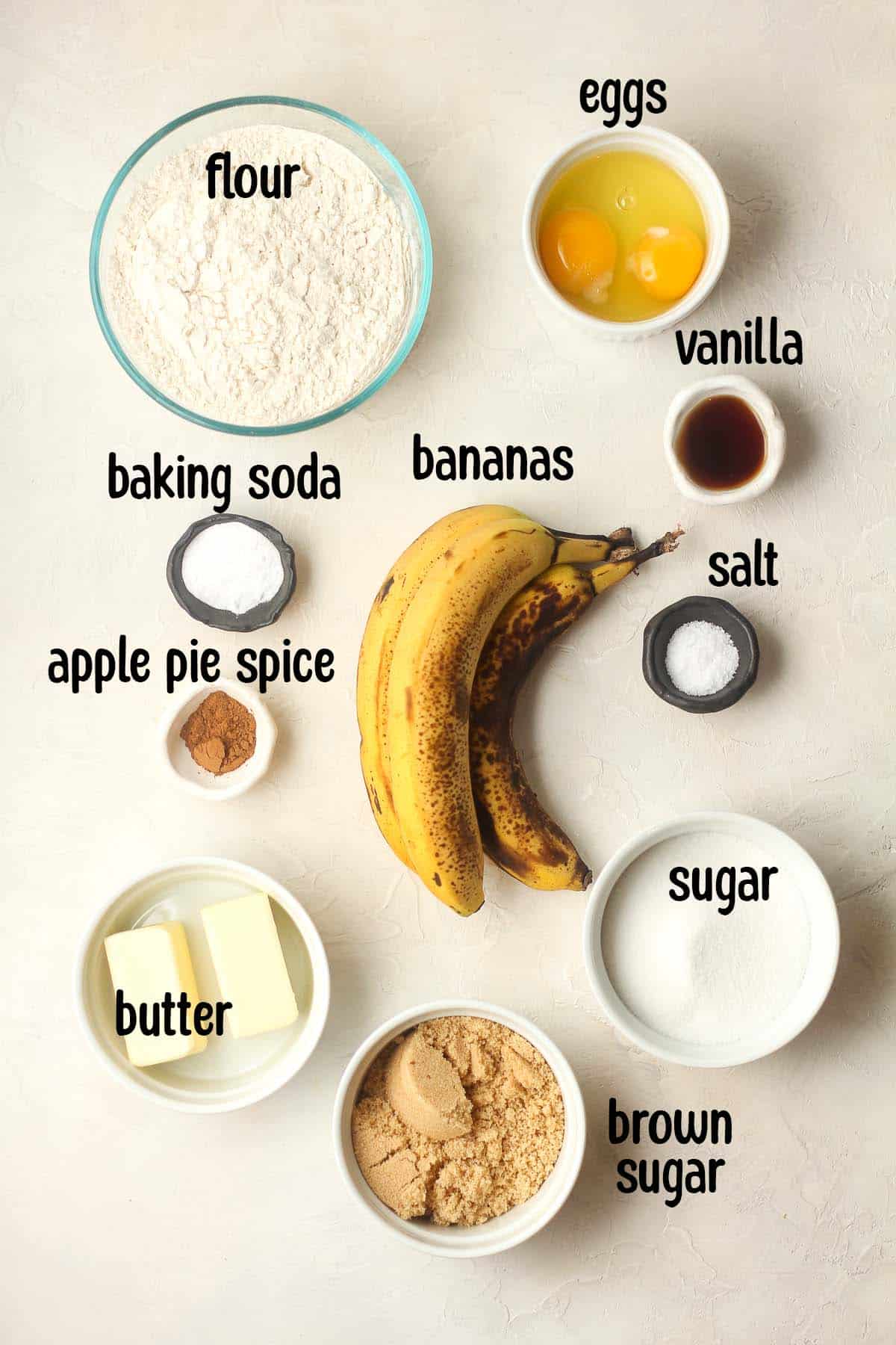 The banana cake ingredients with labels.