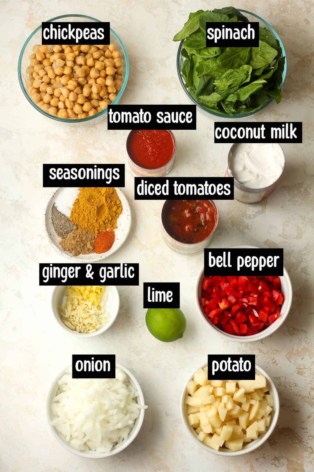 Labeled ingredients for chickpea spinach curry.