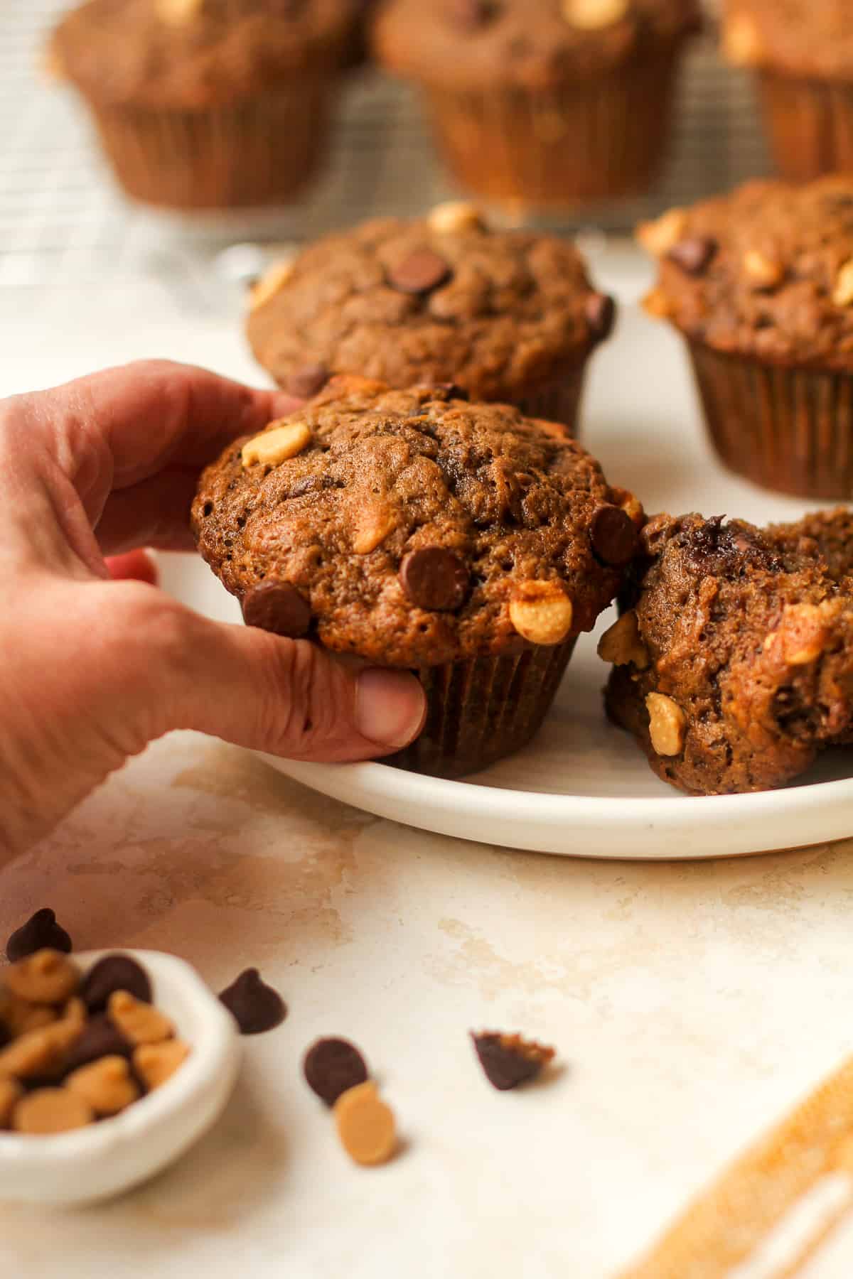 Side view of a plate muffins with a hand reaching for one.