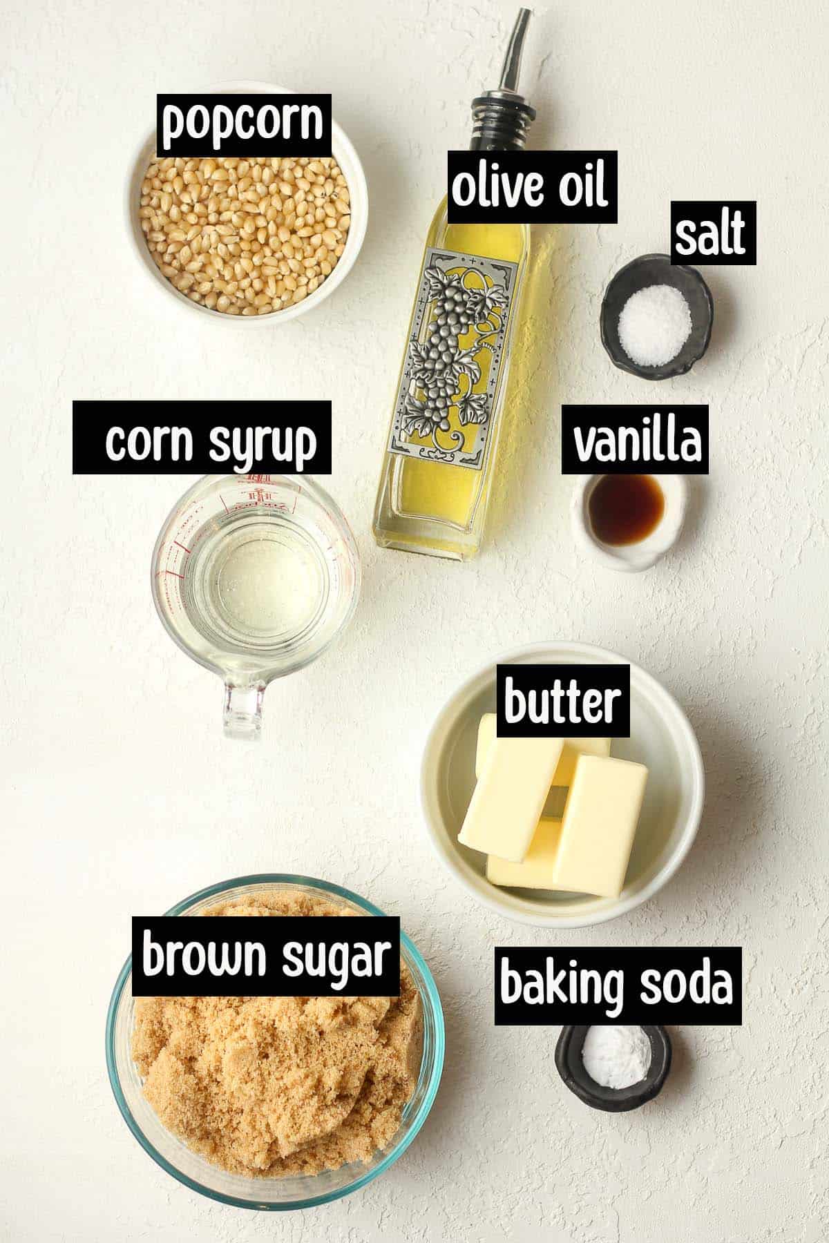 The labeled ingredients for the caramel popcorn.