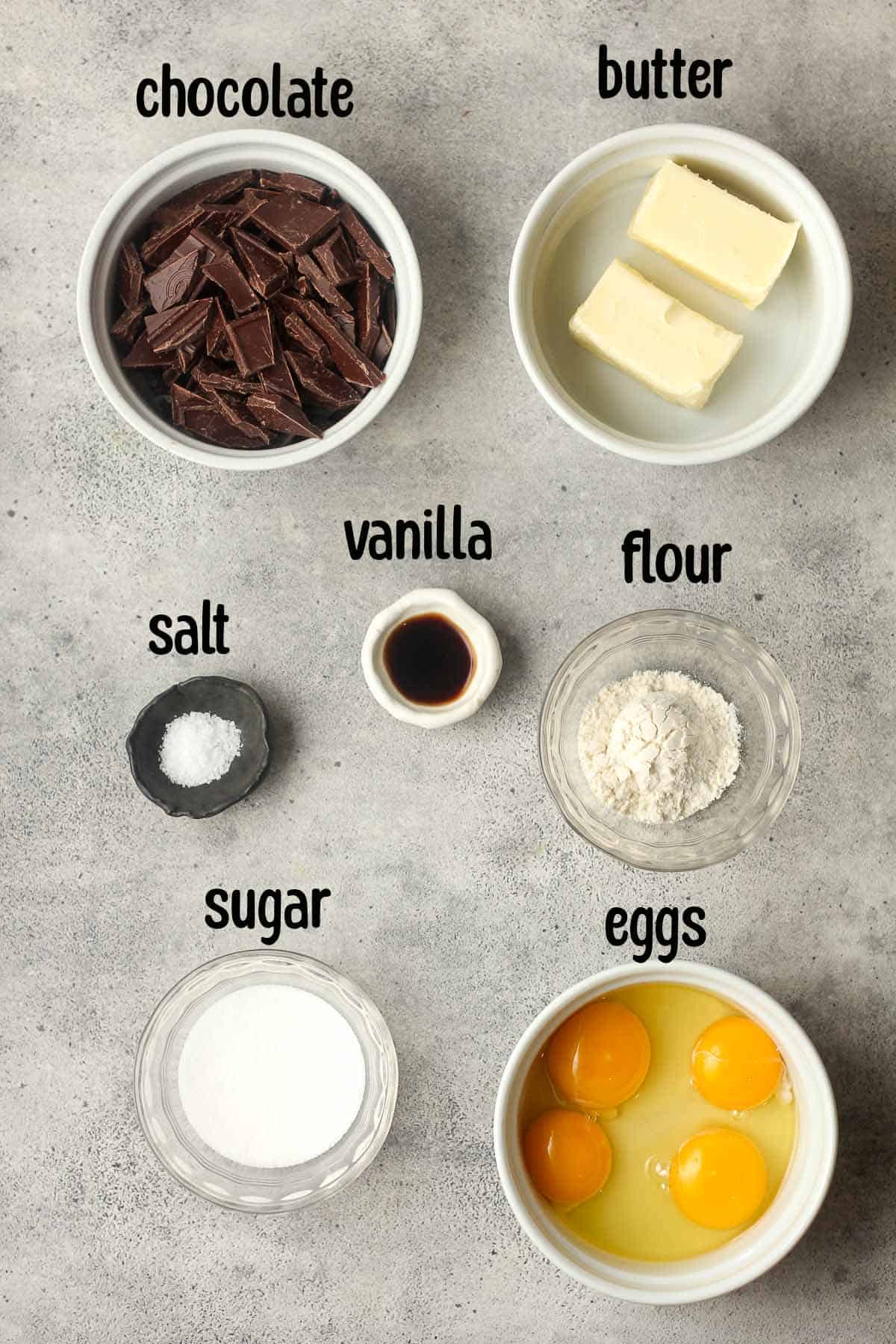 The labeled ingredients for mini lava cakes.