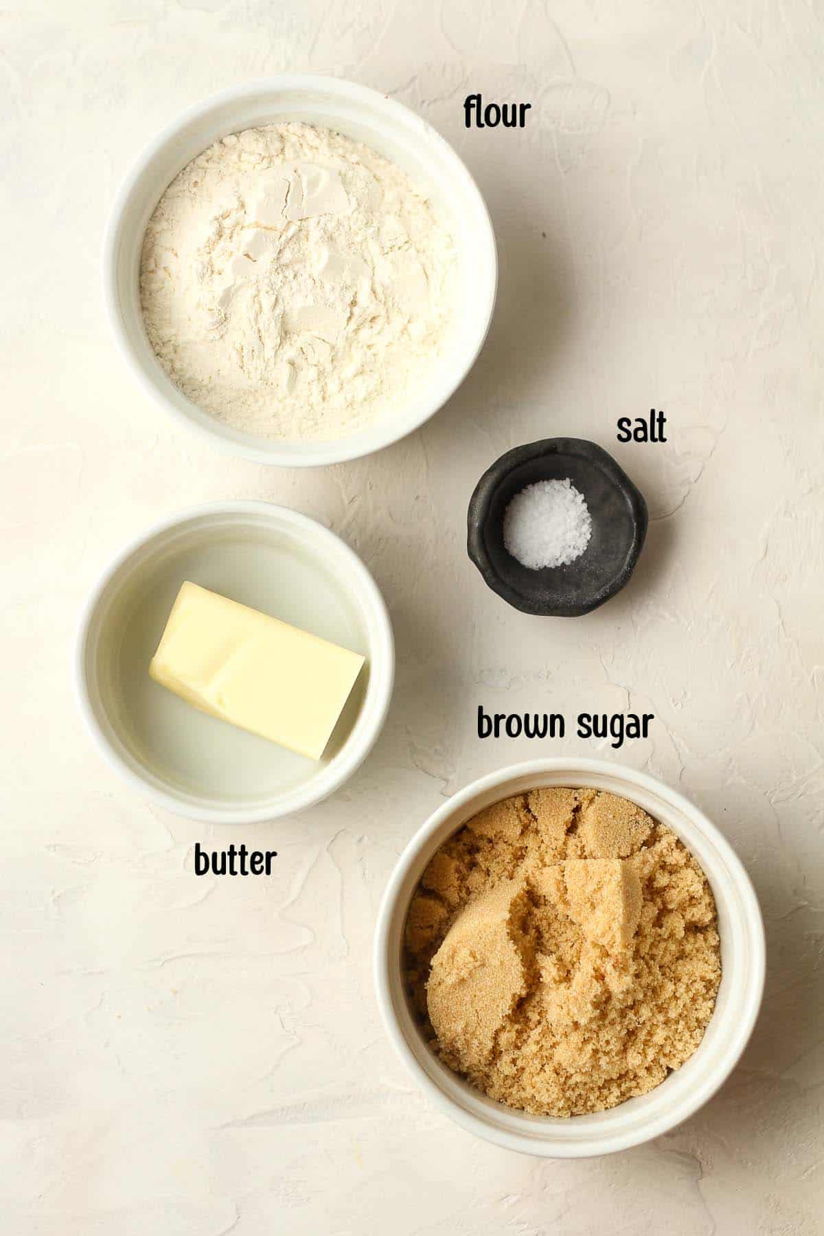 The labeled ingredients for the crumb topping.