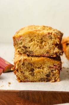 Closeup on stacked rhubarb bread.