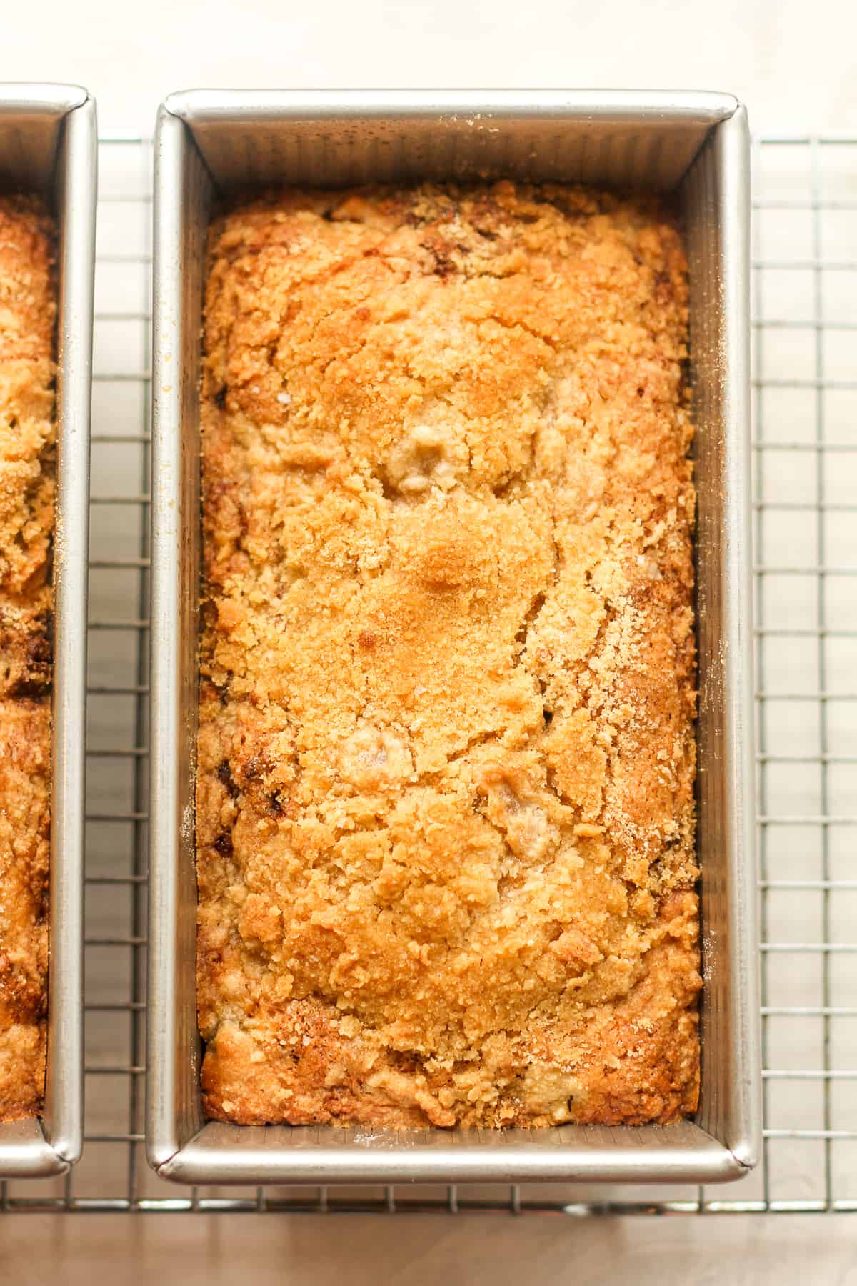 Two pans of baked rhubarb bread.