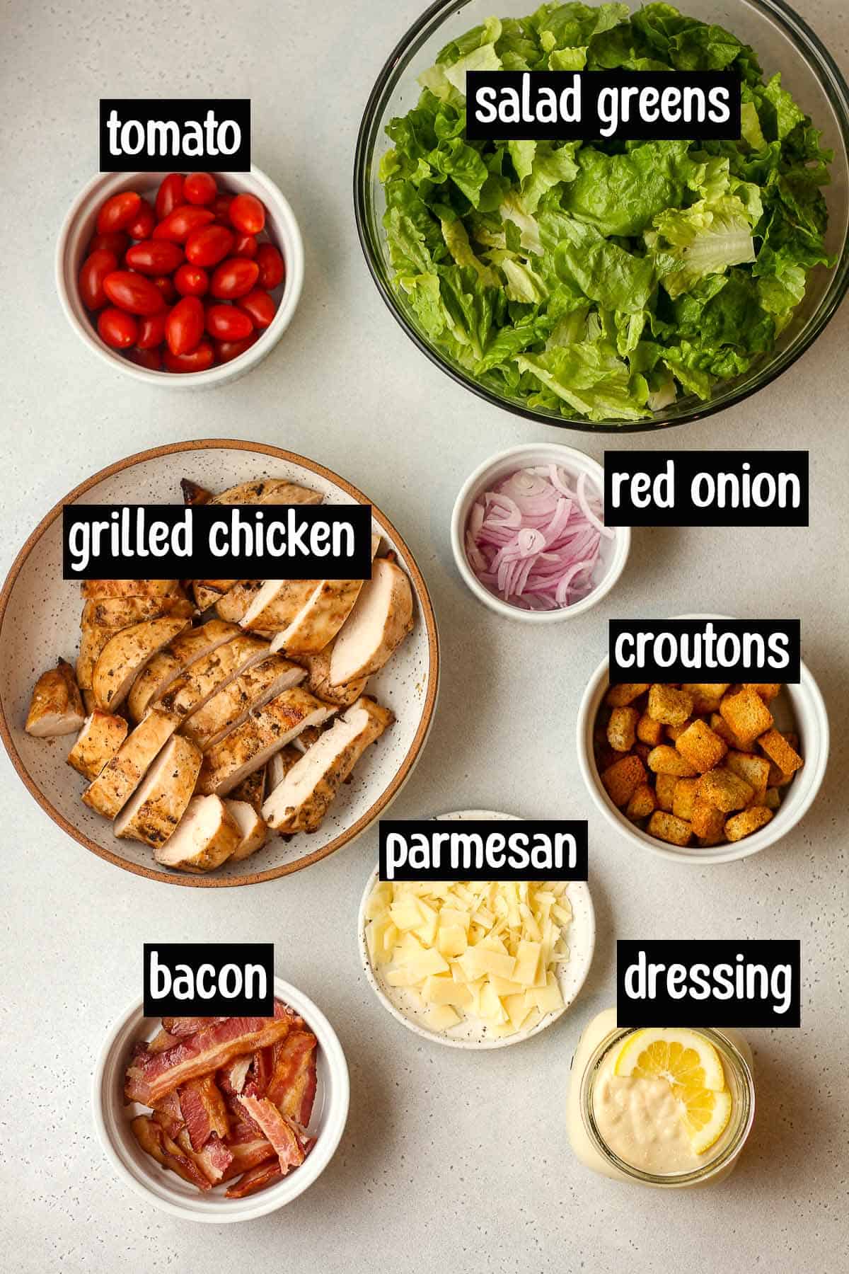 Ingredients for the chicken bacon caesar salad.