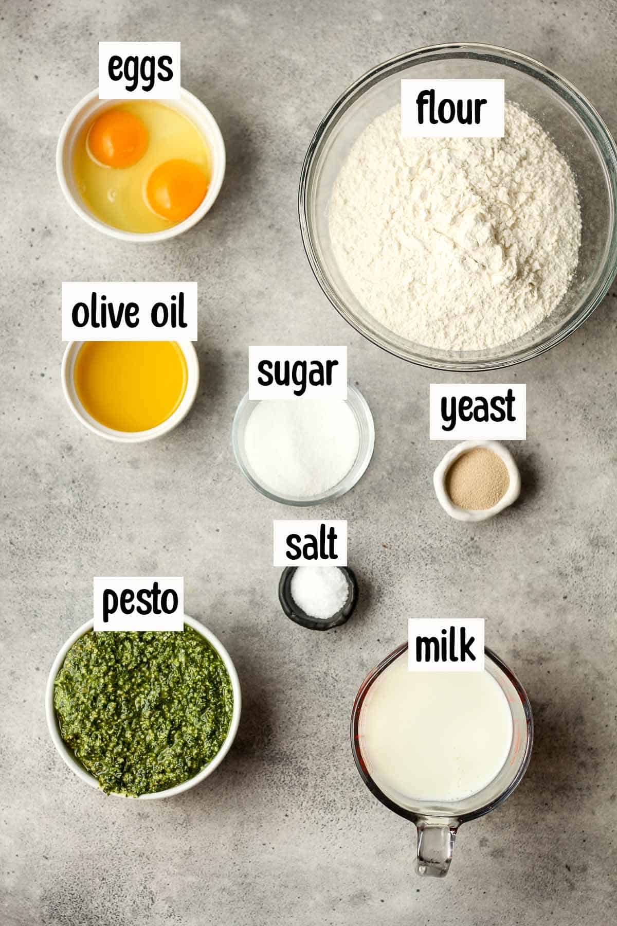 Labeled ingredients for the pesto bread.
