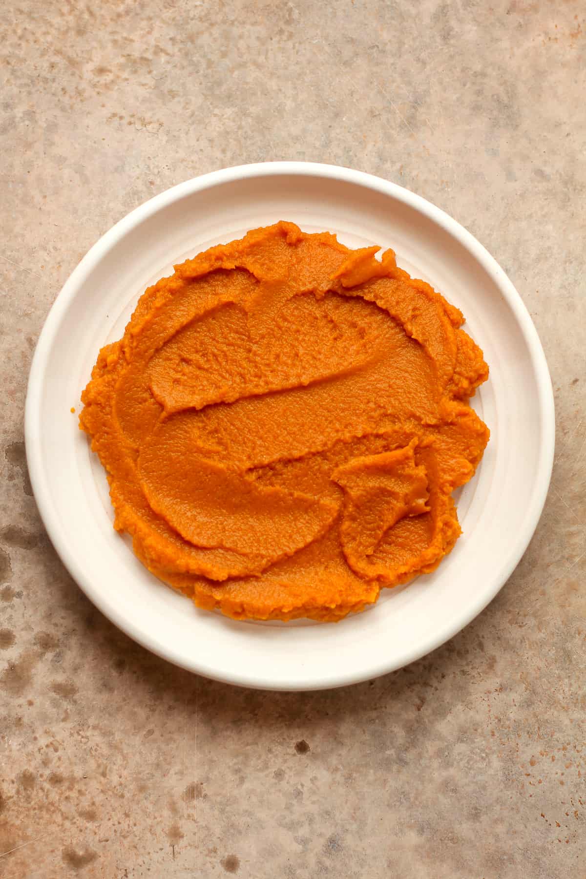 A plate of pumpkin puree spread out.