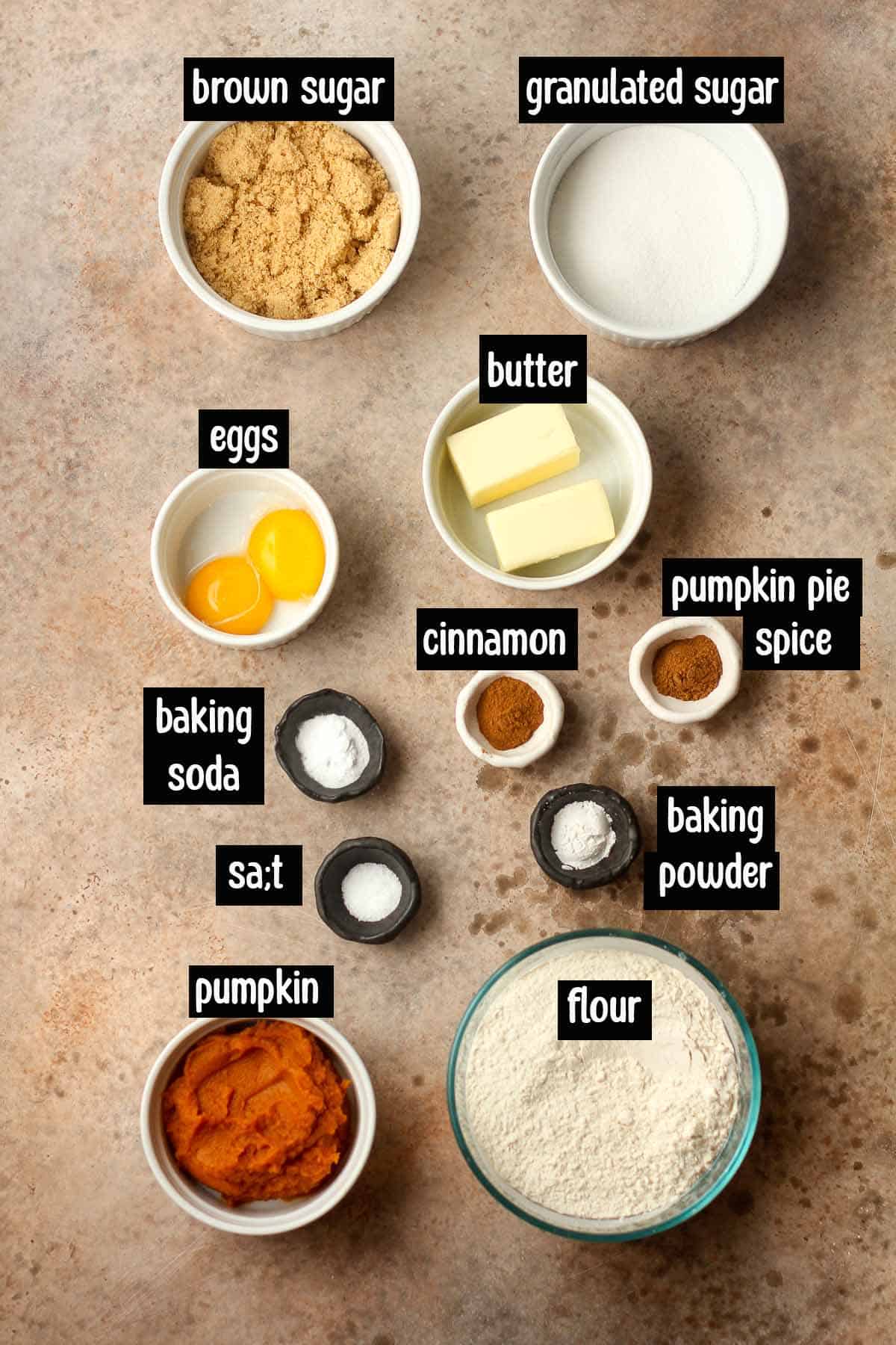 The ingredients for the pumpkin cheesecake cookies.