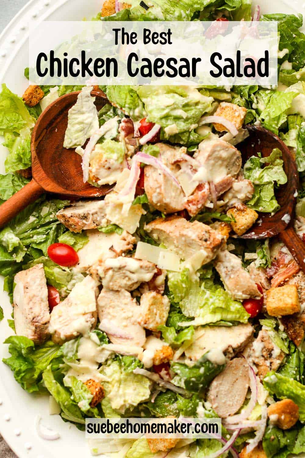 Closeup on the best Chicken Caesar Salad with dressing.