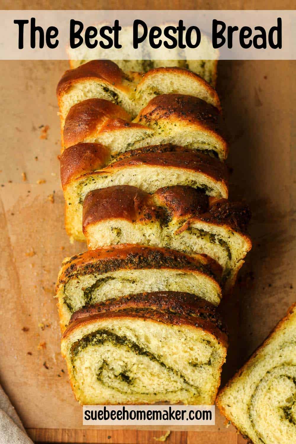 A board with the best pesto bread sliced in thick slices.