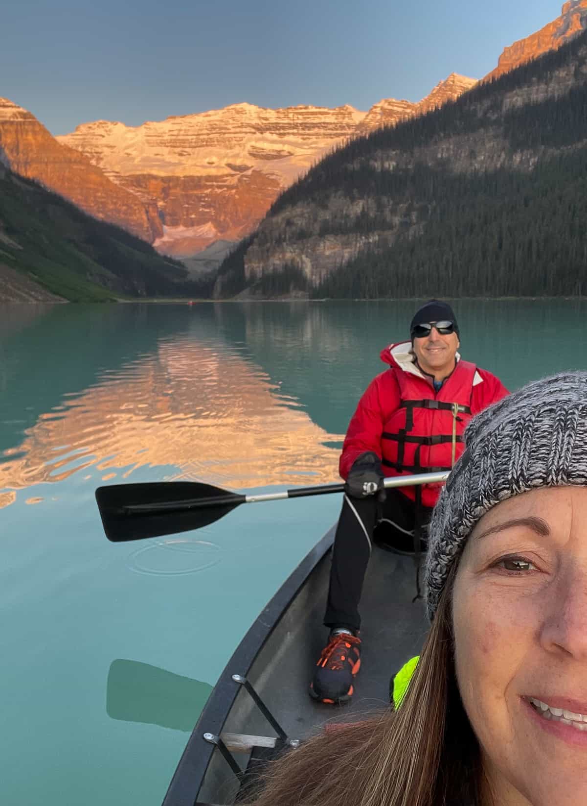 A selfie of us on our Lake Louise sunrise canoe ride.