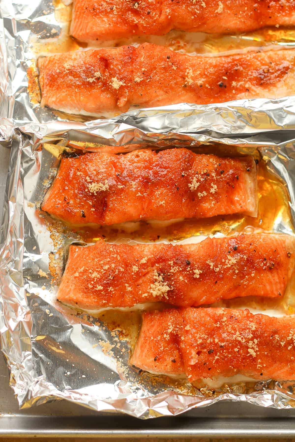 Overhead view of several pieces of brown sugar smoked salmon.