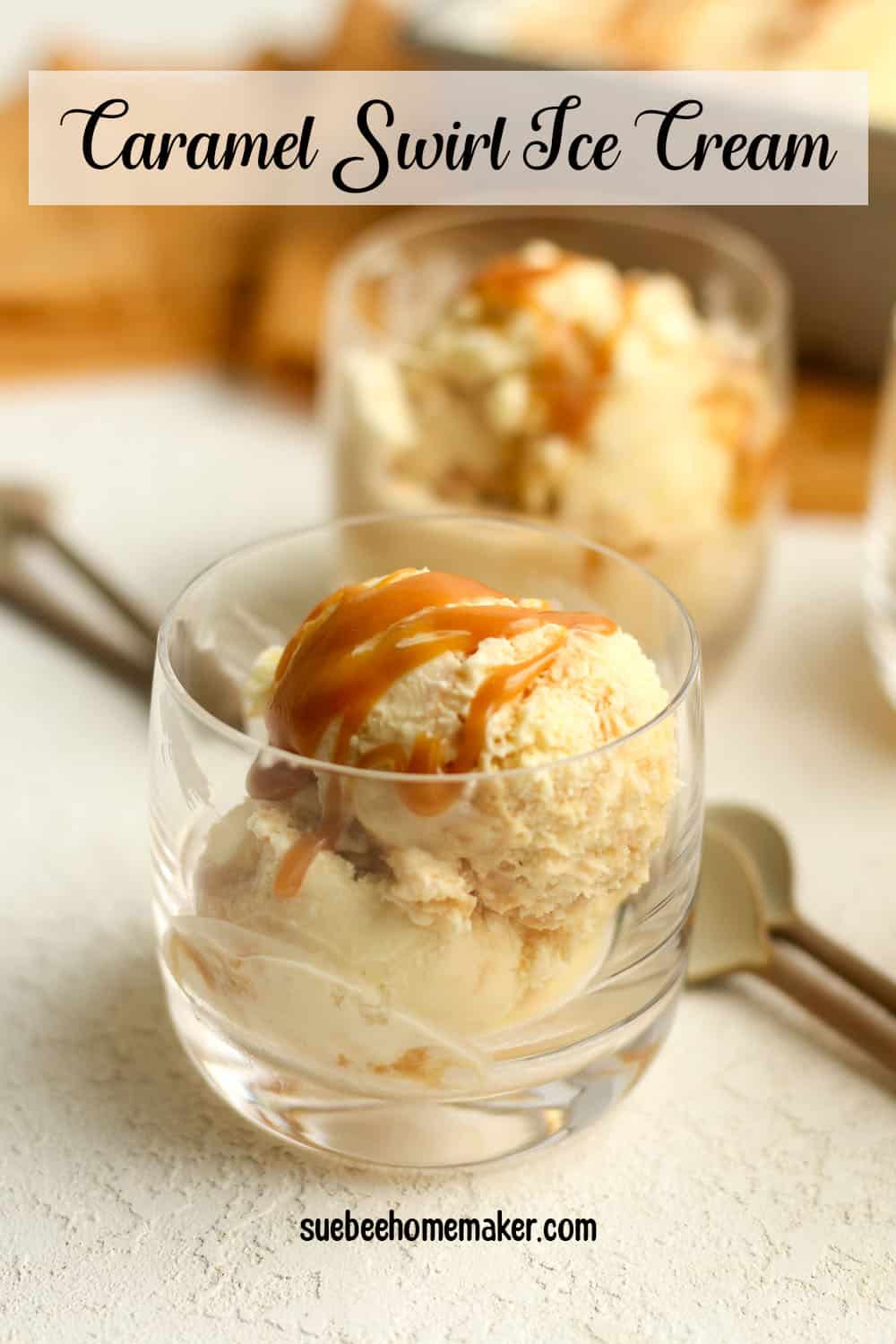 Side view of two dishes of caramel swirl ice cream.