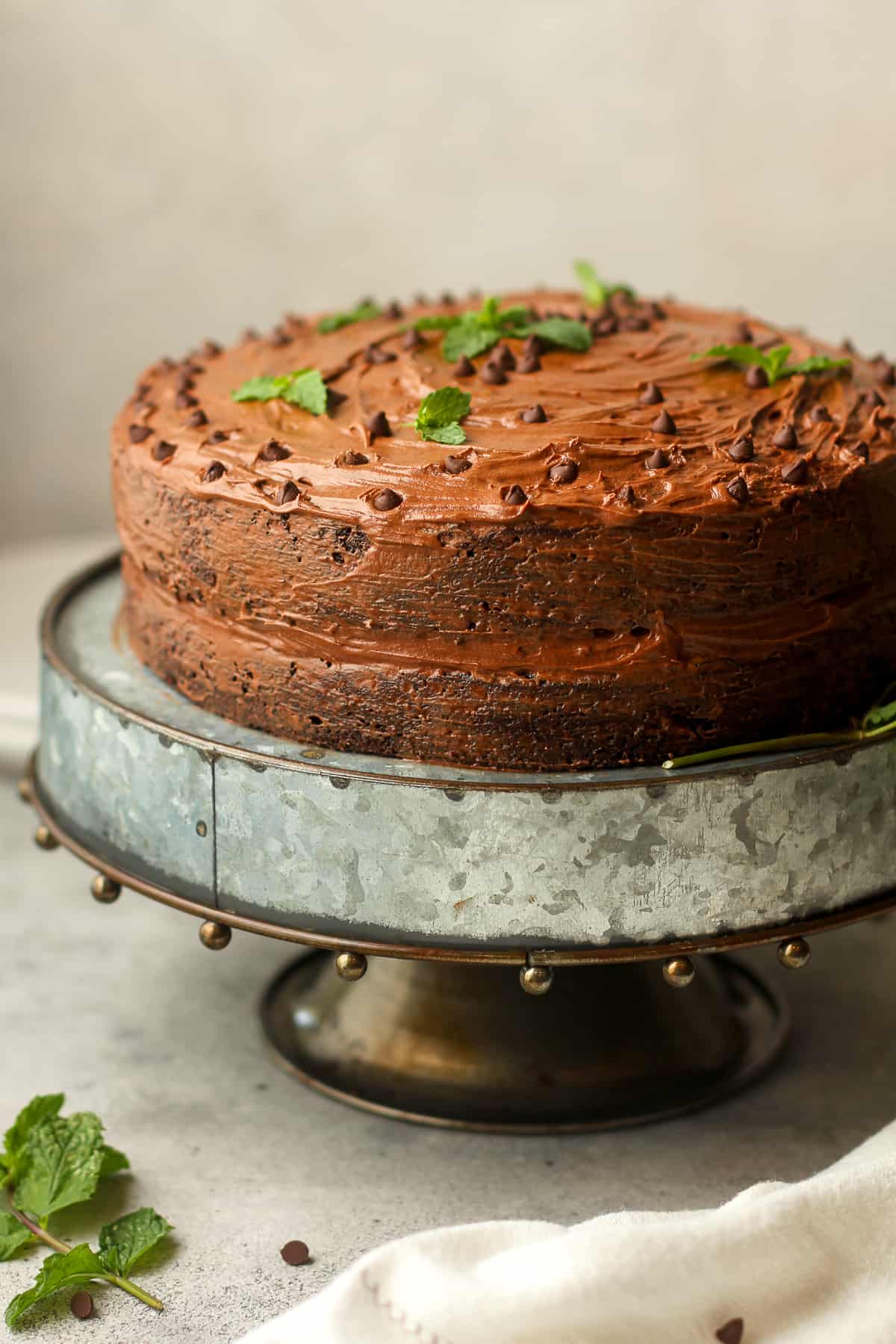 Side view of a double-layer chocolate buttermilk cake.
