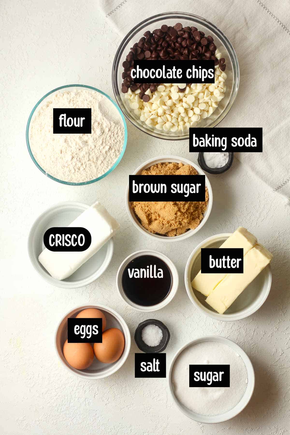 The ingredients for the chocolate chip cookies with Crisco.