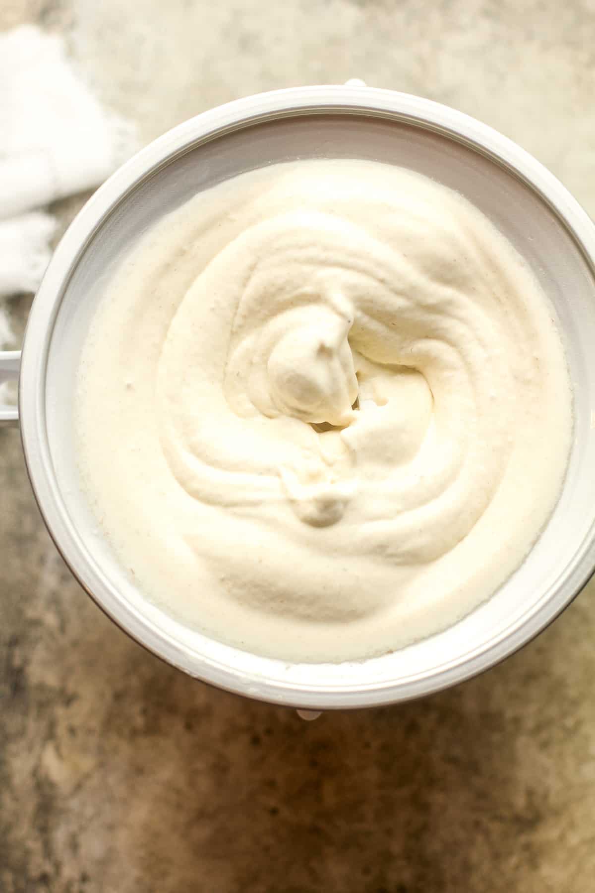 An ice cream base with the banana ice cream after churning.