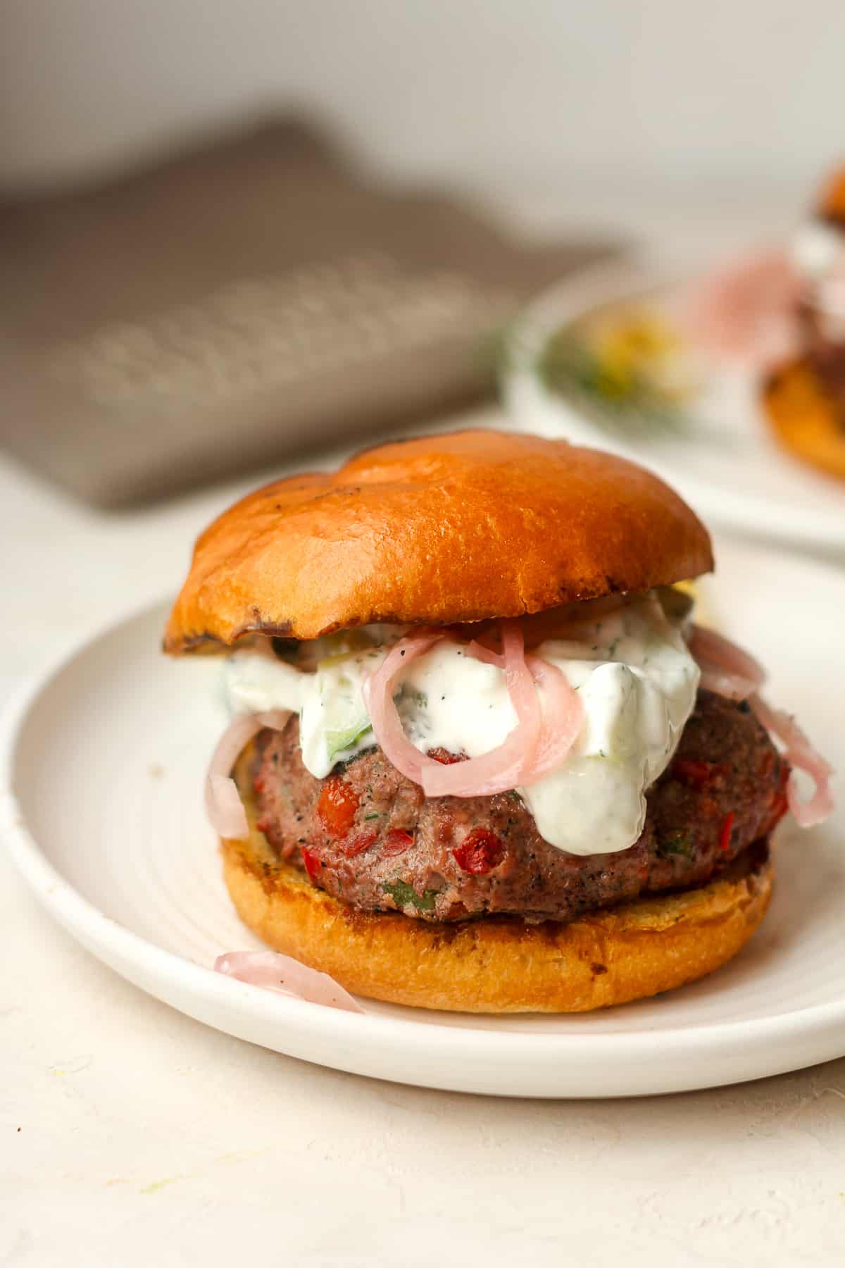 Side view of a lamb burger with tzatziki sauce and pickled red onions.