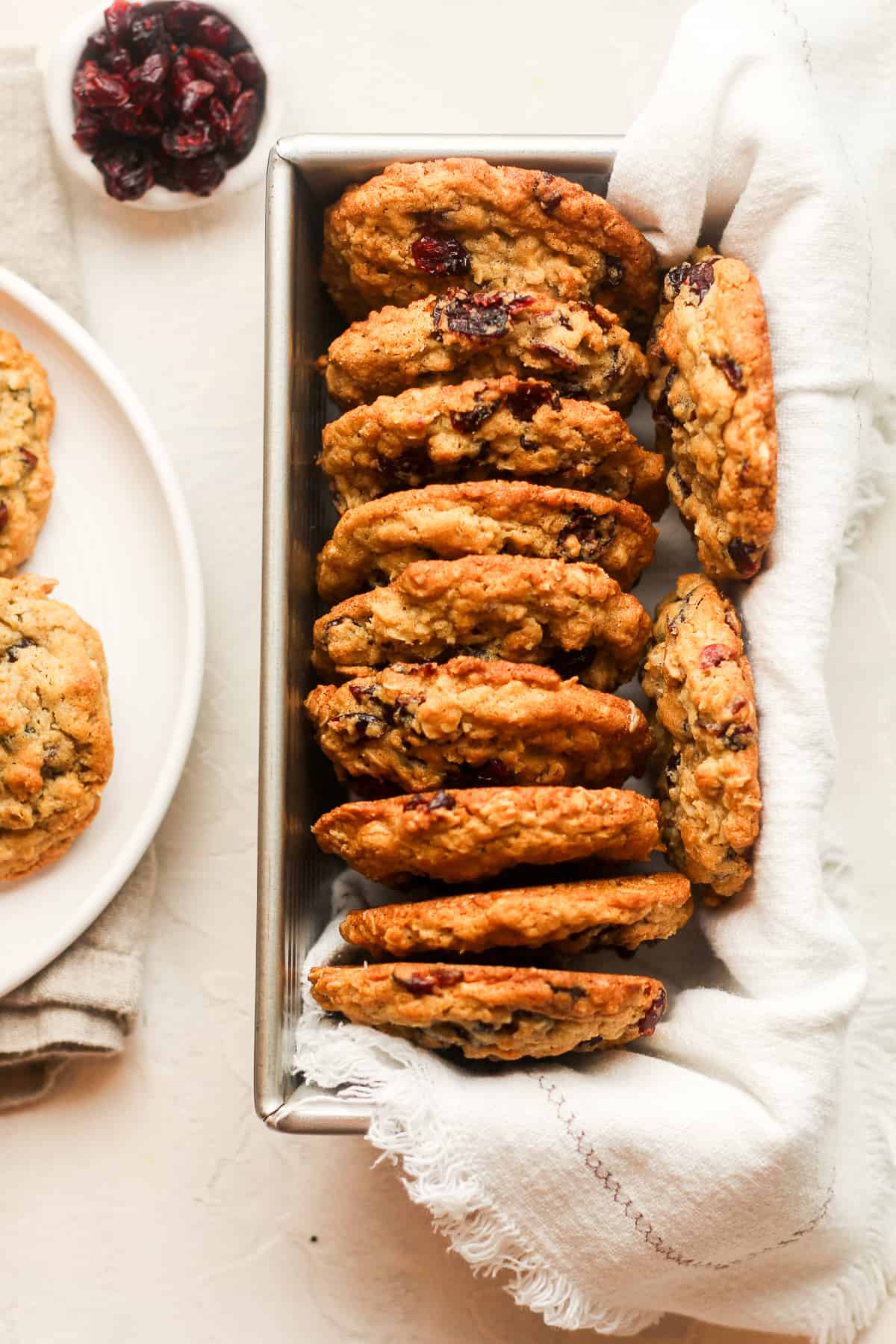 A pan of cookies stacked sideways.