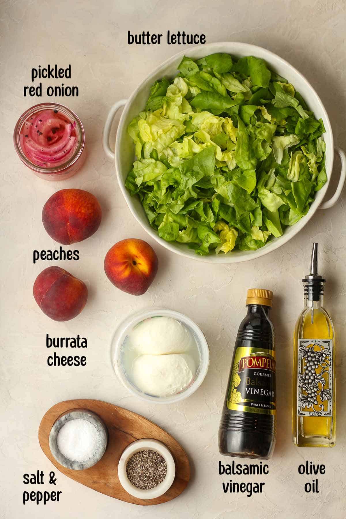 The labeled ingredients for the peach burrata salad.