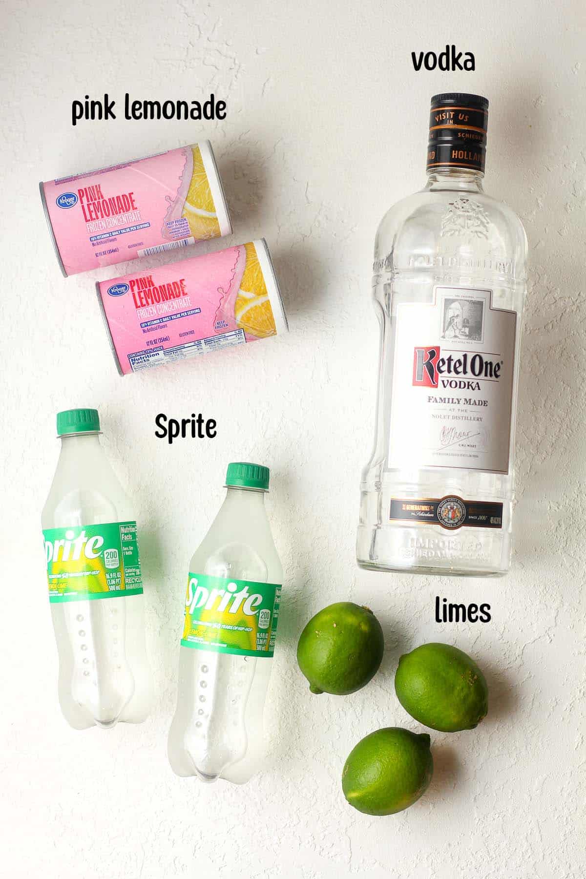 The ingredients for the pink lemonade vodka slush.