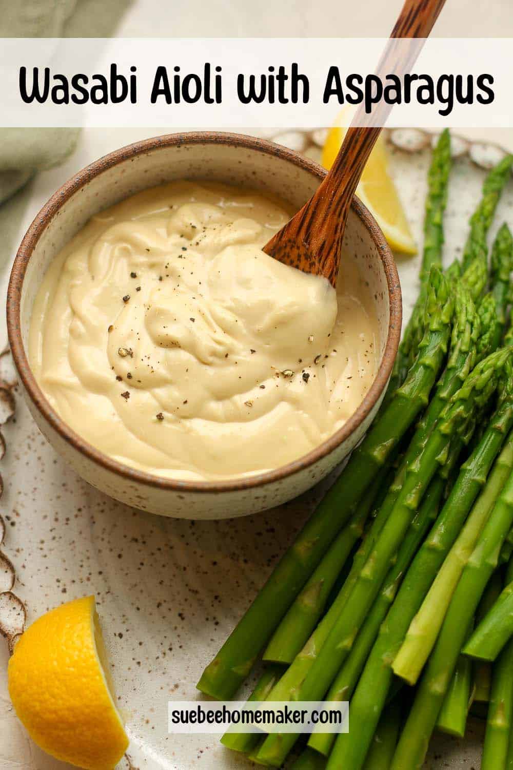 Overhead view of asparagus and aioli dip.