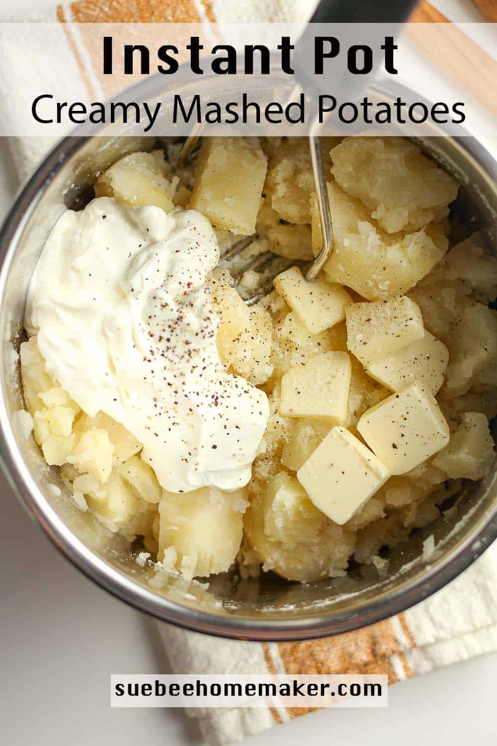 An instant pot with cooked chopped potatoes and toppings with a potato masher.