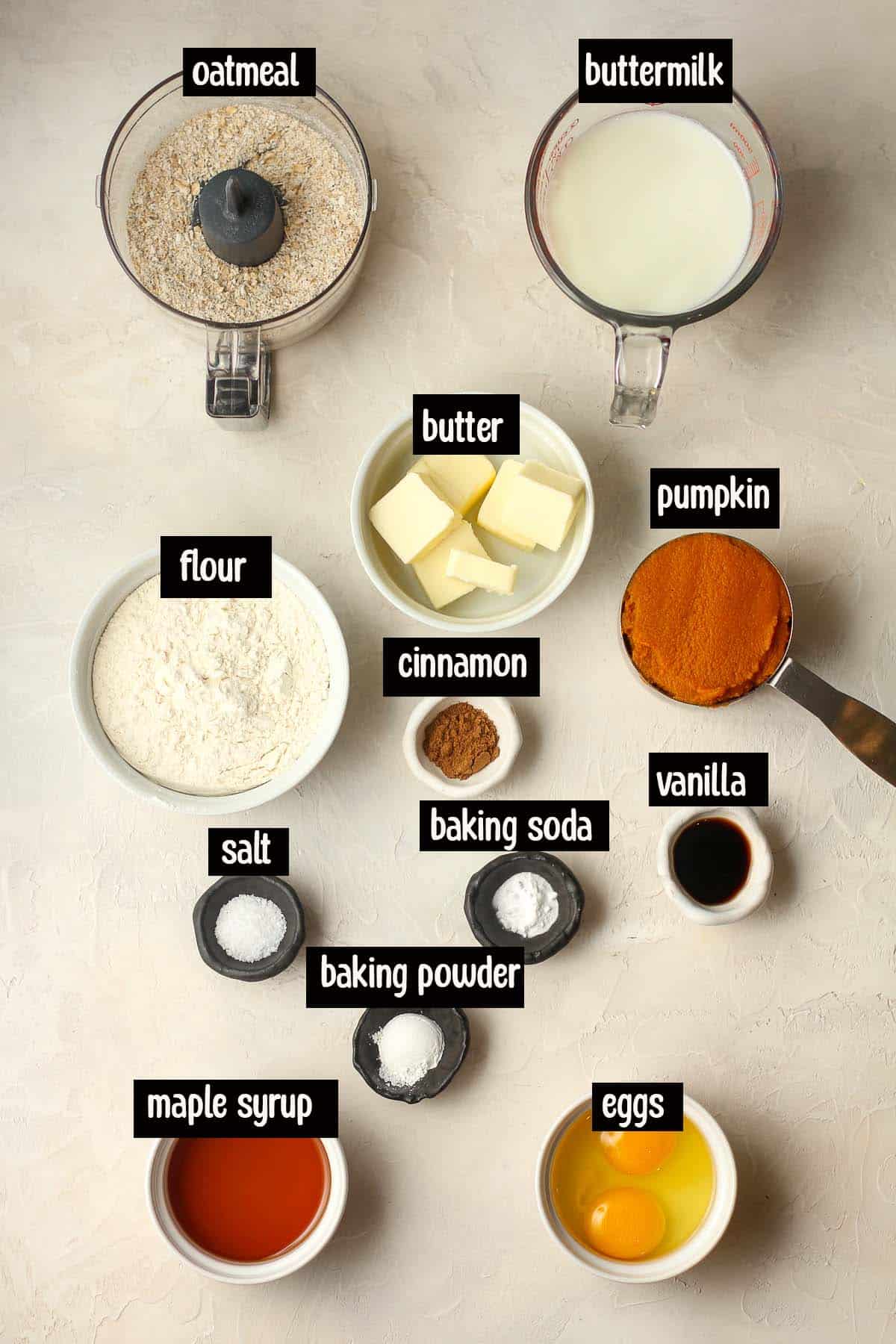 Labeled ingredients for the pumpkin pancakes.