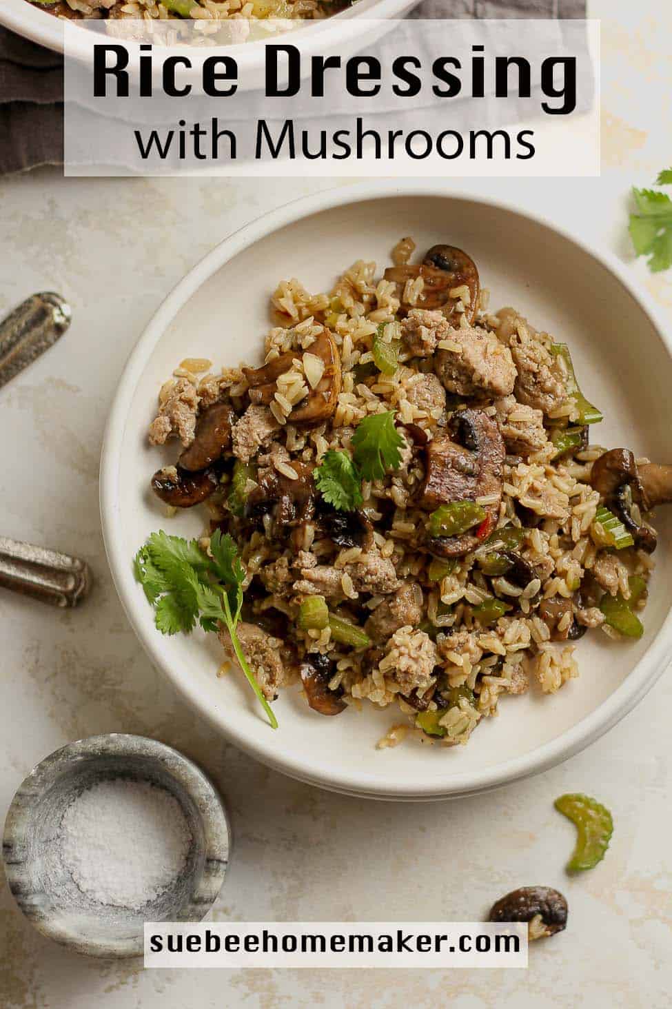 A bowl of rice dressing with mushrooms.