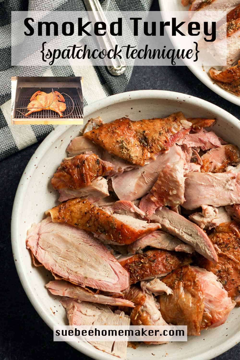 A bowl of sliced dark smoked turkey using the spatchcock technique.