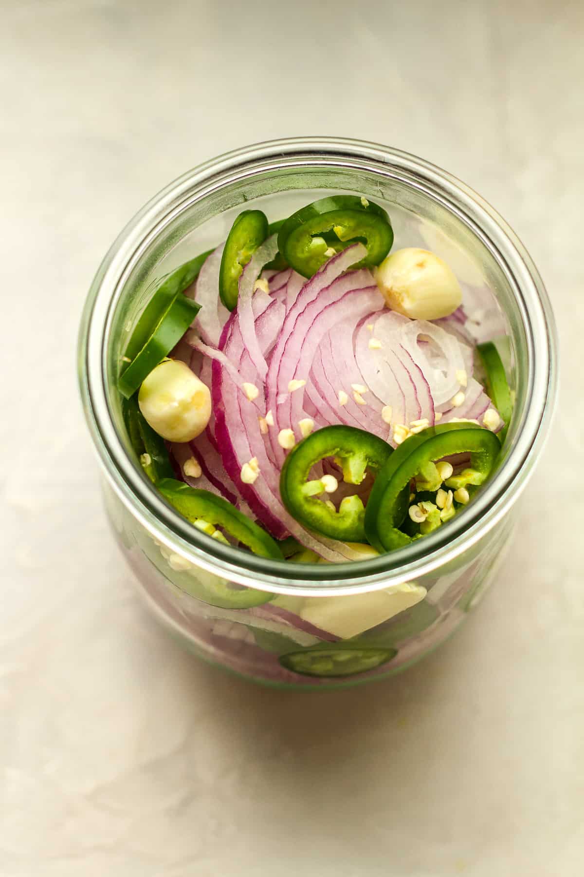 Overhead view of the pickled ingredients.