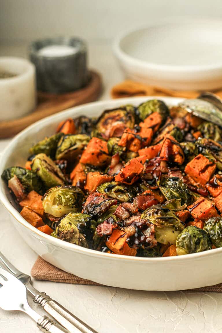 Balsamic Glazed Brussels Sprouts and Sweet Potatoes with Bacon - SueBee ...