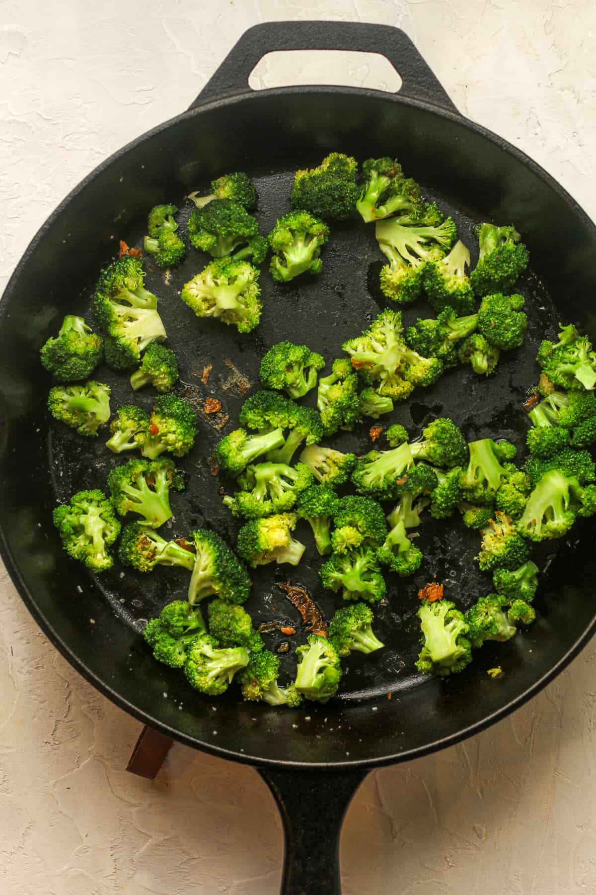 A skillet of cooked broccoli.