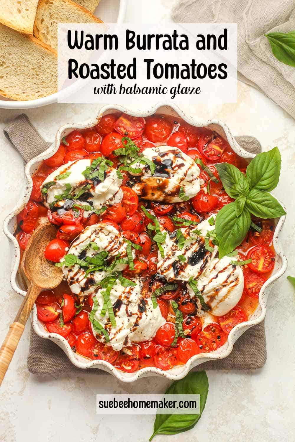 A dish of warm burrata and roasted tomatoes with balsamic glaze.