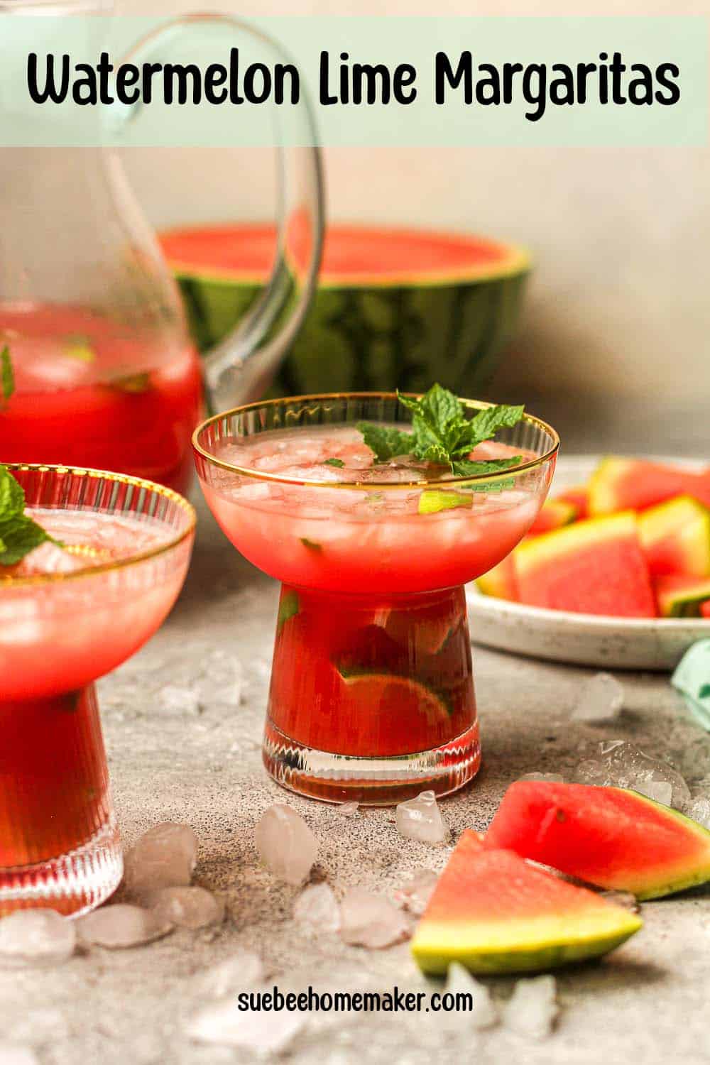 Side view of two watermelon tequila drinks.